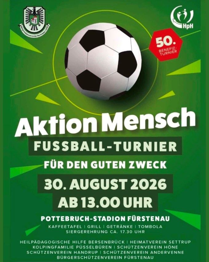 Veranstaltungsplakat. Beim Benefiz-Fußballturnier Aktion Mensch stehen wieder Gemeinschaft, Inklusion und der gute Zweck im Vordergrund. 