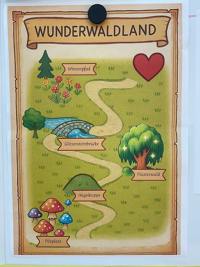 Karte eines Waldes mit verschiedenen Stationen.