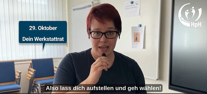 Yvonne vom Werkstattrat ruft dazu auf, am 29. Oktober wählen zu gehen.
